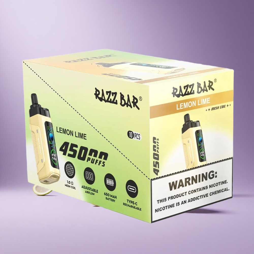 Razz Bar 45000 نفخة بخاخ يمكن التخلص منه ليمون ليمون وراز مع 1.0 أوم ملف شبكي و 20 ملغ/مل نيكوتين