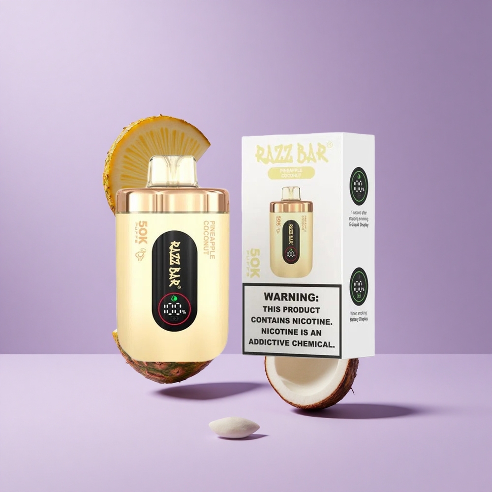 Razz Bar 50K Puffs فيب قابل لإعادة الشحن بنكهة الأناناس وجوز الهند ومع ملف شبكي 1.0 أوم