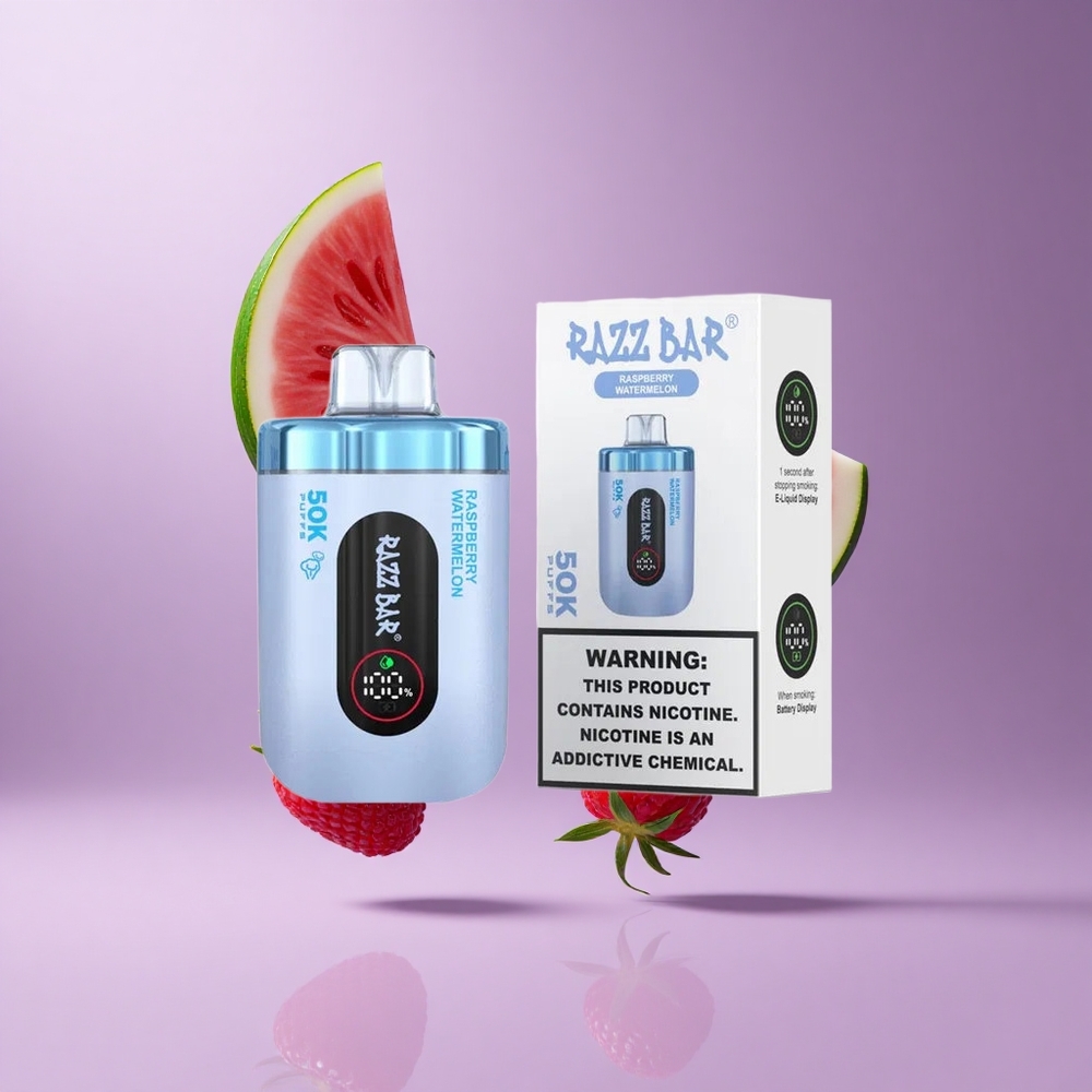 Razz Bar 50K Puffs سيجارة إلكترونية قابلة لإعادة الشحن بنوع-C بنكهة التوت والبطيخ