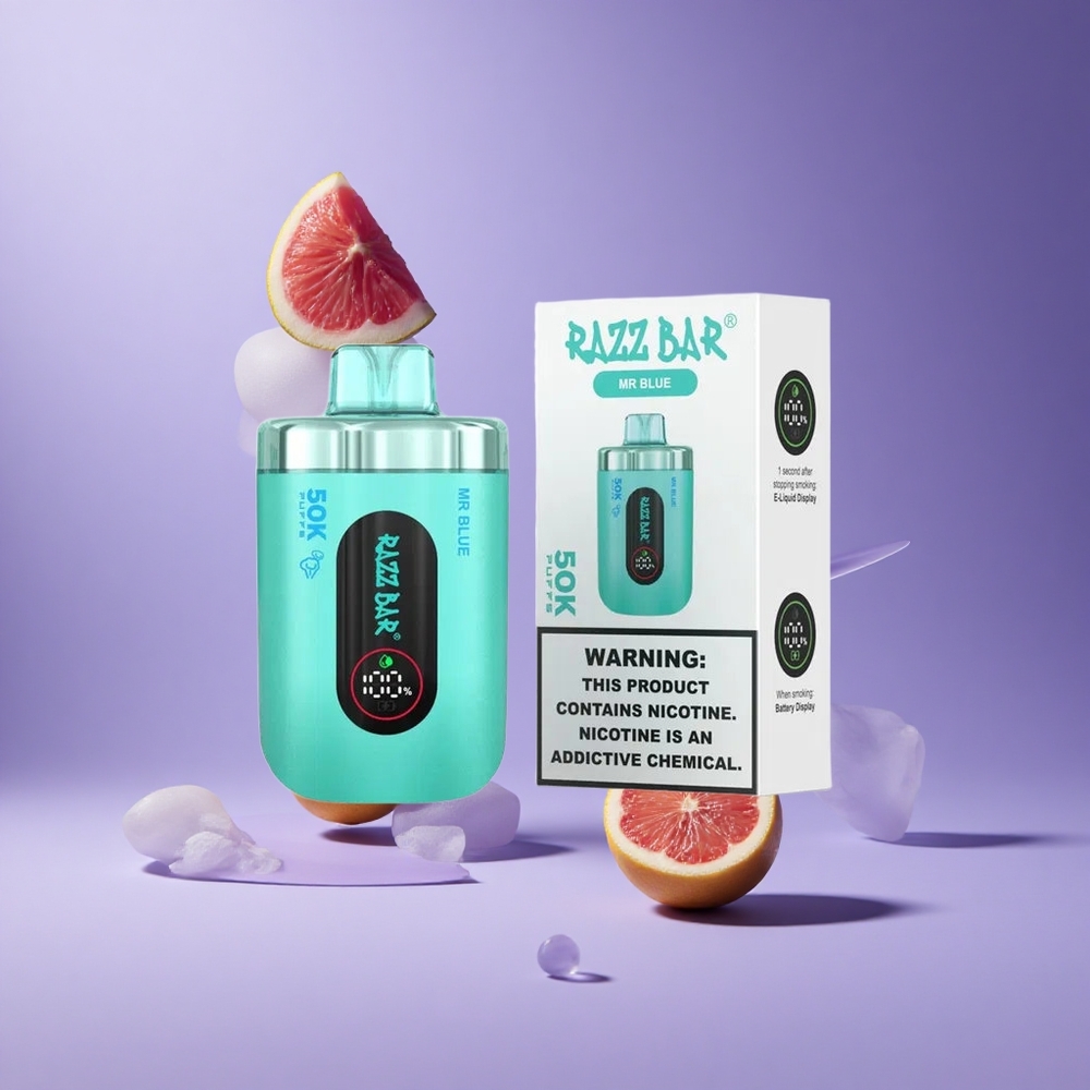 Razz Bar 50K Puffs سيجارة إلكترونية للاستخدام مرة واحدة Mr Blue سعة 650 مللي أمبير وشاحن Type-C