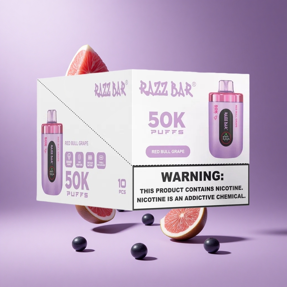 Razz Bar 50K Puffs Red Bull Grape عنب وشعير شبكة 1.0 أوم