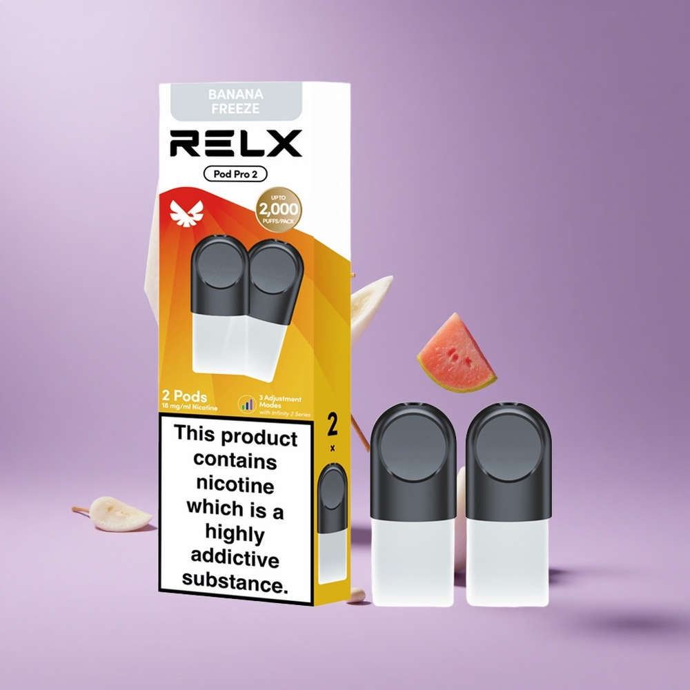 Relx Pod Pro 2 جهاز تبخير بنكهة حلوى الموز المجمد بسعة 1.9 مل و 600 نفخة